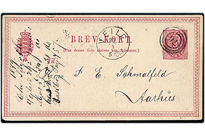 8 øre helsagsbrevkort annulleret med nr.stempel 76 og sidestemplet lapidar Veile d. 29.1.1879 til Aarhus. 