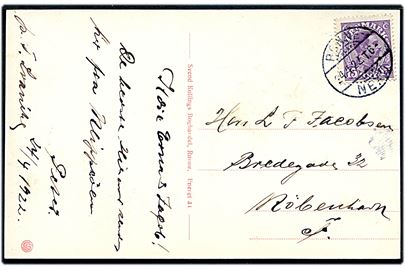 15 øre Chr. X på brevkort (Kastellet i Rønne) dateret Svaneke og annulleret med bureaustempel Rønne - Nexø T.6 d. 24.4.1922 til København.