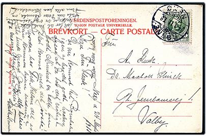 5 øre Fr. VIII på brevkort fra Naksø annulleret med bureau Rønne - Nexø T.8 d. 24.3.1911 til Valby.