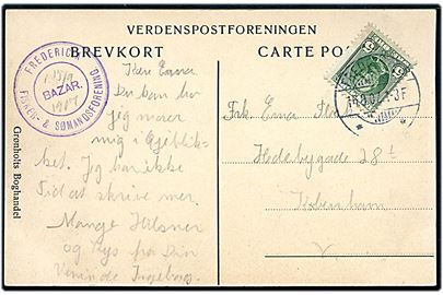 5 øre Fr. VIII på brevkort (parti fra Strib med fyrtårn) annulleret Fredericia d. 16.9.1907 og sidestemplet med privat stempel: Fredericia Fisker- & Sømandsforening / Bazar til København.