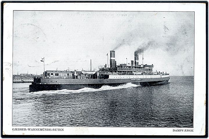 5 øre Fr. VIII på brevkort (DSB jernbanefærge Prinsesse Alexandrine) skrevet ombord på færgen og annulleret med bureaustempel Kjøbenhavn - Warnemünde T.74 d. 7.3.1911 til Charlottenlund.