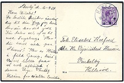 15 øre Chr. X på brevkort annulleret med brotype IIIb Hasle d. 16.9.1924 til Hillerød.
