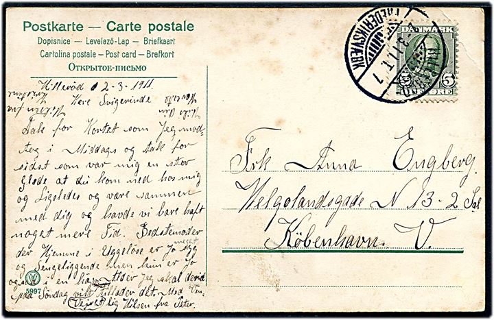 5 øre Fr. VIII på brevkort fra Hillerød annulleret med bureaustempel Hillerød - Frederiksværk T.7 d. 2.3.1911 til København.