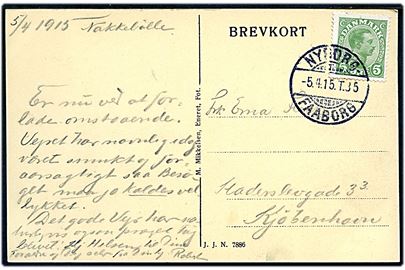 5 øre Chr. X på brevkort (Sanatoriet, Nakkebølle fjord) dateret Nakkebølle og annulleret med bureaustempel Nyborg - Faaborg T.35 d. 4.5.1915 til København.