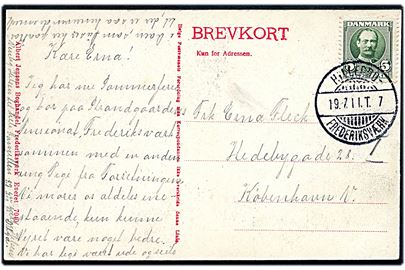 5 øre Fr. VIII på brevkort fra Frederiksværk annulleret med bureaustempel Hillerød - Frederiksværk T.7 d. 19.7.1911 til København.