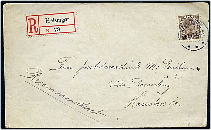 25 øre Chr. X single på anbefalet brev fra kornetelev på Garnisionssygehuset i Helsingør d. 27.3.1918 til Hareskov St.