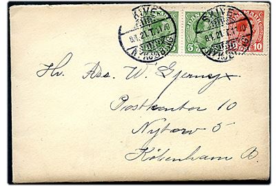 5 øre (par) og 10 øre Chr. X på brev fra Skive annulleret med bureaustempel Skive - Nykjøbing T.1170 d. 8.4.1921 til København.