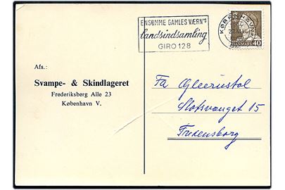 40 øre Fr. IX på brevkort annulleret med TMS Ensomme Gamles Værn's Landsindsamling GIRO 128/København OMK. 4 d. 22.3.1966 til Fredensborg.