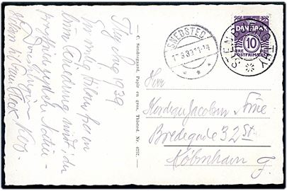 10 øre Bølgelinie på brevkort annulleret med udslebet stjernestempel STENSTED THY og sidestemplet Snedsted d. 17.8.1939 til København.