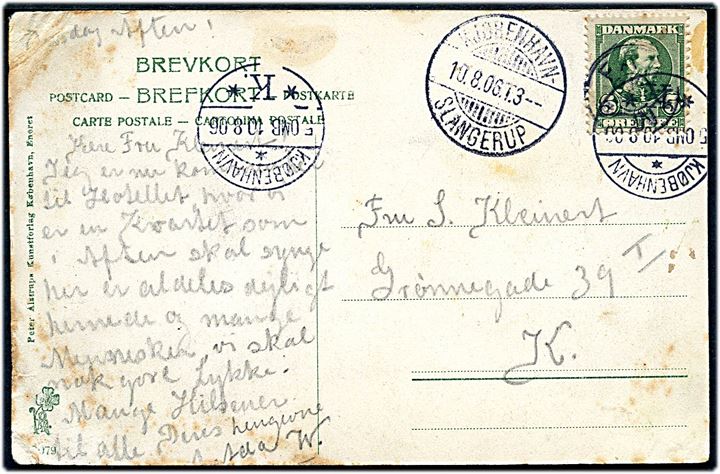5 øre Chr. IX på brevkort annulleret med stjernestempel FARUM og sidestemplet bureau Kjøbenhavn - Slangerup T.3 d. 10.8.1906 til København. Nusset.