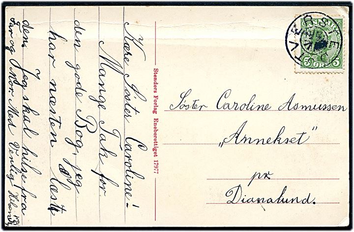 5 øre Chr. X på brevkort annulleret med stjernestempel TVERSTED til Dianalund.