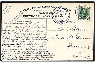 5 øre Fr. VIII på brevkort (Haastrup kirke) annulleret med godt stjernestempel HAASTRUP og sidestemplet bureau Odense - Faaborg T.47 d. 17.7.1907 til Thureby. Stjernestempel benyttet ca. 2½ måned senere end registreret i Skilling. 800,-