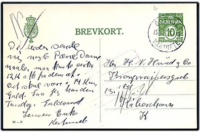 10 øre helsagsbrevkort (fabr. 88-H) fra Kerteminde annulleret med bureaustempel Odense - Martofte T.13 d. 15.5.1928 til København.