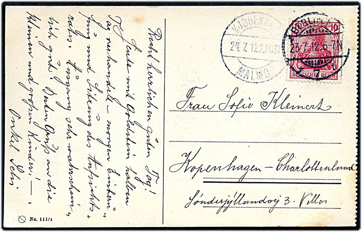 10 pfg. Germania på brevkort fra Berlin d. 23.7.1912 til København. Transit stemplet med dansk sejlende bureaustempel Kjøbenhavn - Malmø d. 24.7.1912 2. POST.
