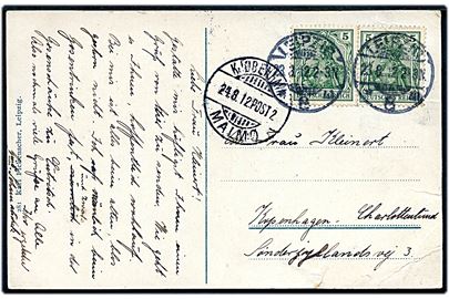 5 pfg. Germania i parstykke på brevkort fra Leipzig d. 23.8.1912 til København, Danmark. Transit stemplet med dansk sejlende bureaustempel Kjøbenhavn - Malmø d. 24.8.1912 Post 2. Fold.