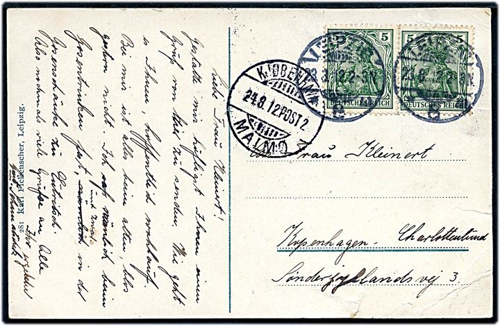 5 pfg. Germania i parstykke på brevkort fra Leipzig d. 23.8.1912 til København, Danmark. Transit stemplet med dansk sejlende bureaustempel Kjøbenhavn - Malmø d. 24.8.1912 Post 2. Fold.