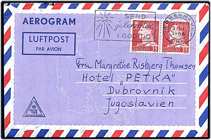 35 øre Fr. IX i parstykke på privat aerogram fra København d. 3.12.1964 til Dubrovnik, Jugoslavien.