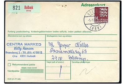 14 kr. Rigsvåben single på adressekort for pakke annulleret med parentes stempel Holbæk (Orø) d. 5.1.1983 til Hellerup.