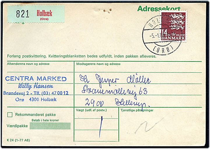 14 kr. Rigsvåben single på adressekort for pakke annulleret med parentes stempel Holbæk (Orø) d. 5.1.1983 til Hellerup.