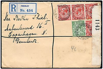 ½d og 1d (4) George V på anbefalet brev fra Finchley d. 3.7.1917 til København, Danmark. Åbnet af britisk censur no. 1143