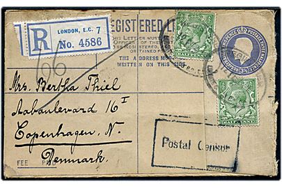 2d & 1½d George V anbefalet helsagskuvert opfrankeret med ½d George V (2) fra London d. 12.2.191? til København, Danmark. Britisk censurstempel Postal Censor.