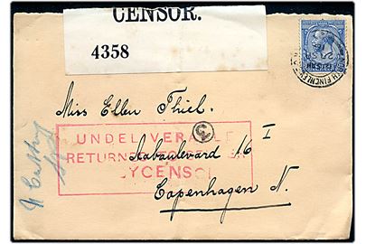 2½d George V på brev fra North Finchley d. 28.9.1916 til København, Danmark. Åbnet af britisk censur no. 4358 og returneret med rødt stempel: Undeliverable / Returned to Sender by Censor. Bagklap og del af censurbanderole mgl.