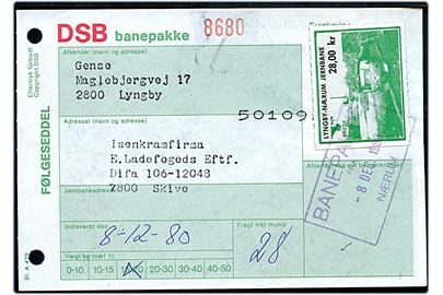 Lyngby-Nærum Jernbane 28 kr. banemærke på adressekort for banepakke fra Nærum d. 8.12.1980 til Skive.