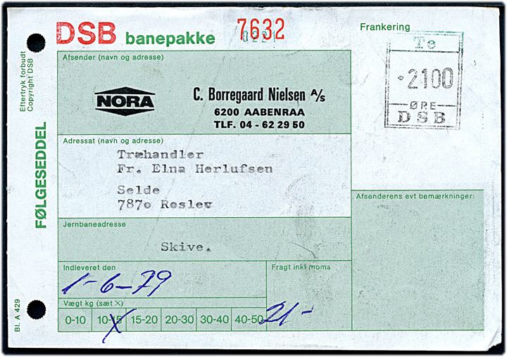 2100 øre DSB frankeringsstempel på adressekort for banepakke fra Aabenraa d. 1.6.1979 til Roslev.