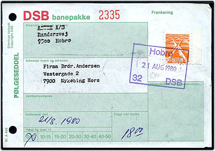 DSB 18 kr. banemærke på adressekort for banepakke fra Hobro d. 21.8.1980 til Nykøbing M.