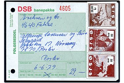 Østsjællandske Jernbaneselskab. 50 øre (par) og 28 kr. Banemærke på adressebrev for banepakke fra Hårlev d. 6.6.1979 til Roslev.