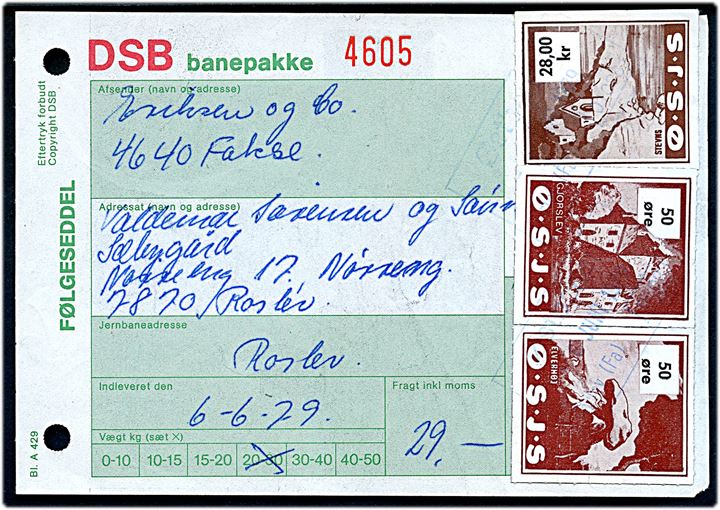 Østsjællandske Jernbaneselskab. 50 øre (par) og 28 kr. Banemærke på adressebrev for banepakke fra Hårlev d. 6.6.1979 til Roslev.
