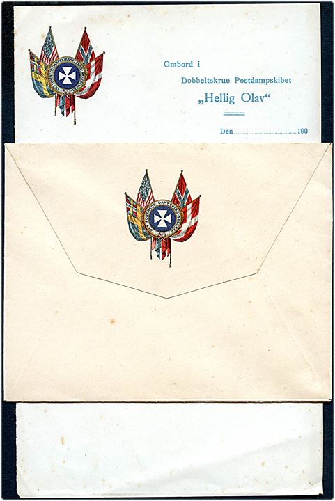 Skandinavien Amerika Linie. Fortrykt brevpapir og ubrugt kuvert fra Postdamperen Hellig Olav i 1900'erne.