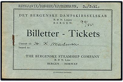 Billetter fra Det Bergenske Dampskibsselskab for rejse på 3. klasse fra Reykjavik via Bergen til København. 