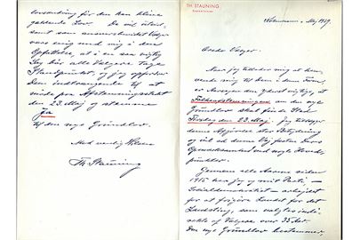 Th. Stauning. Faksimile-brev dateret København maj 1939 udsendt i forbindelse med folkeafstemningen om en Grundlovsændring d. 23.5.1939. Uden kuvert.