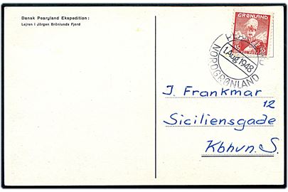 15 øre Chr. X på brevkort (Lejren i Brønlunds Fjord) annulleret Pearyland Nordgrønland d. 1.8.1948 til København.