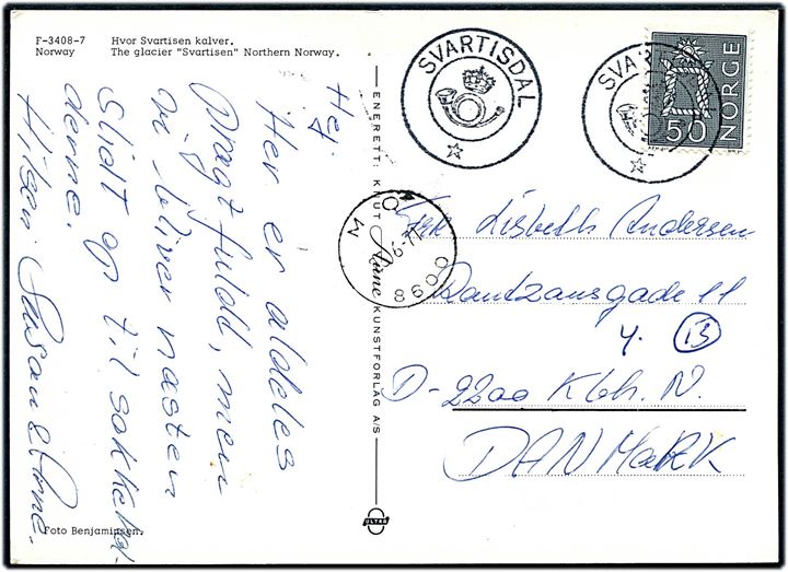 50 øre på brevkort annulleret med kronet posthornstempel SVARTISDAL og sidestemplet Mo d. 23.6.1971 til København, Danmark.