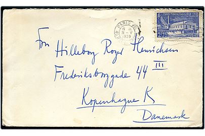 2,25 fr. Vandkraftudstilling single på brev fra Paris d. 31.5.1939 til København, Danmark.