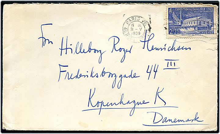 2,25 fr. Vandkraftudstilling single på brev fra Paris d. 31.5.1939 til København, Danmark.