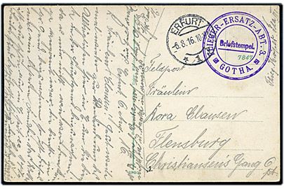 Ufrankeret feltpostkort fra sønderjysk(?) pilot Flieger Höyer stemplet Erfurt d. 6.8.1916 til Flensburg. Violet briefstempel: Flieger-Ersatz-Abt. 3 * Gotha *