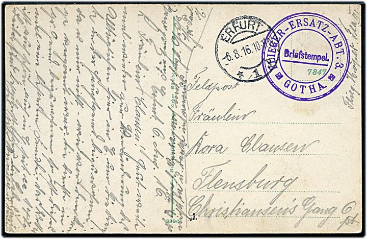 Ufrankeret feltpostkort fra sønderjysk(?) pilot Flieger Höyer stemplet Erfurt d. 6.8.1916 til Flensburg. Violet briefstempel: Flieger-Ersatz-Abt. 3 * Gotha *