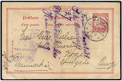 10 pfg. Hohenzollern helsagsbrevkort stemplet Rabaul Deutsch-Neuguinea d. 21.3.1911 til Køge, Danmark. Brugsforsendelse med meddelelse skrevet på dansk.