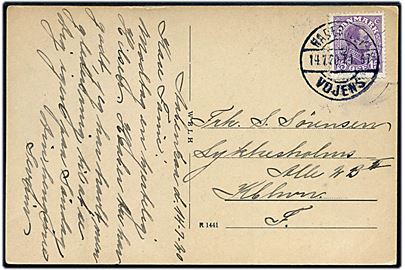 15 øre Chr. X på brevkort Haderslev havn) annulleret med bureaustempel Haderslev - Vojens T.57 d. 14.7.1920 til København.