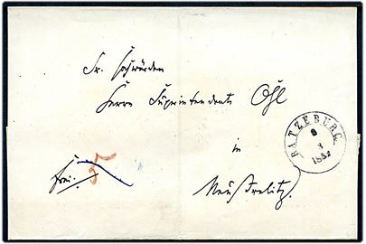 1851. Francobrev med 1½ ringsstempel Ratzeburg d. 8.3.1851 til Neustrelitz. På bagsiden bureaustempel Hagenow - Rostock