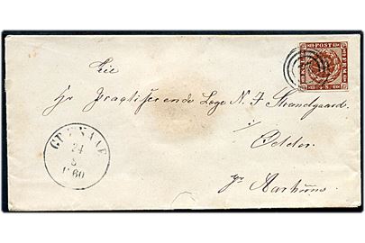 4 sk. 1858 udg. på brev annulleret med nr.stempel 22 og sidestemplet antiqua Grenaae d. 24.8.1860 til praktiserende læge N. J. Strandgaard i Odder pr. Aarhus. Odder blev først selvstændig postadresse i 1862.