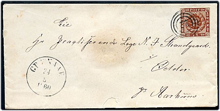 4 sk. 1858 udg. på brev annulleret med nr.stempel 22 og sidestemplet antiqua Grenaae d. 24.8.1860 til praktiserende læge N. J. Strandgaard i Odder pr. Aarhus. Odder blev først selvstændig postadresse i 1862.