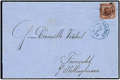 4 sk. 1858 udg. tæt klippet på brev fra Kiel annulleret med nr.stempel 170 og sidestemplet BLÅT antiqua Kiel Bahnhof d. 31.3.1863 til Fernsicht ved Kellinghusen.