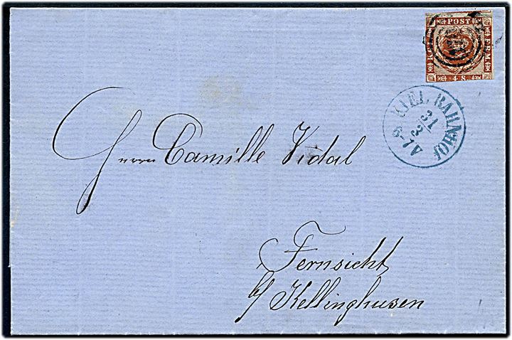 4 sk. 1858 udg. tæt klippet på brev fra Kiel annulleret med nr.stempel 170 og sidestemplet BLÅT antiqua Kiel Bahnhof d. 31.3.1863 til Fernsicht ved Kellinghusen.