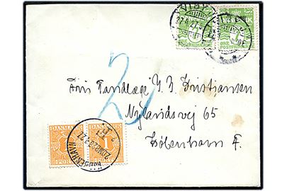 7 øre Bølgelinie (2) på underfrankeret brev fra Viby J. d. 27.4.1927 til København. Udtakseret i porto med 1 øre Portomærke i parstykke stemplet Kjøbenhavn F. d. 28.4.1927.