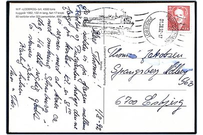 3,75 kr. Margrethe på brevkort (M/F Lodbrog) annulleret med håndrulle skibsstempel M/F Lodbrog/Rødby - Fehmern Paquebot d. 1.8.1992 til Esbjerg.