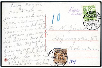 5 øre Bølgelinie på underfrankeret brevkort påskrevet Kassebrev og annulleret med brotype Ic Langebæk d. 3.8.1934 til København. Udtakseret i porto med 10 øre Portomærke stemplet København N d. 4.8.1934.